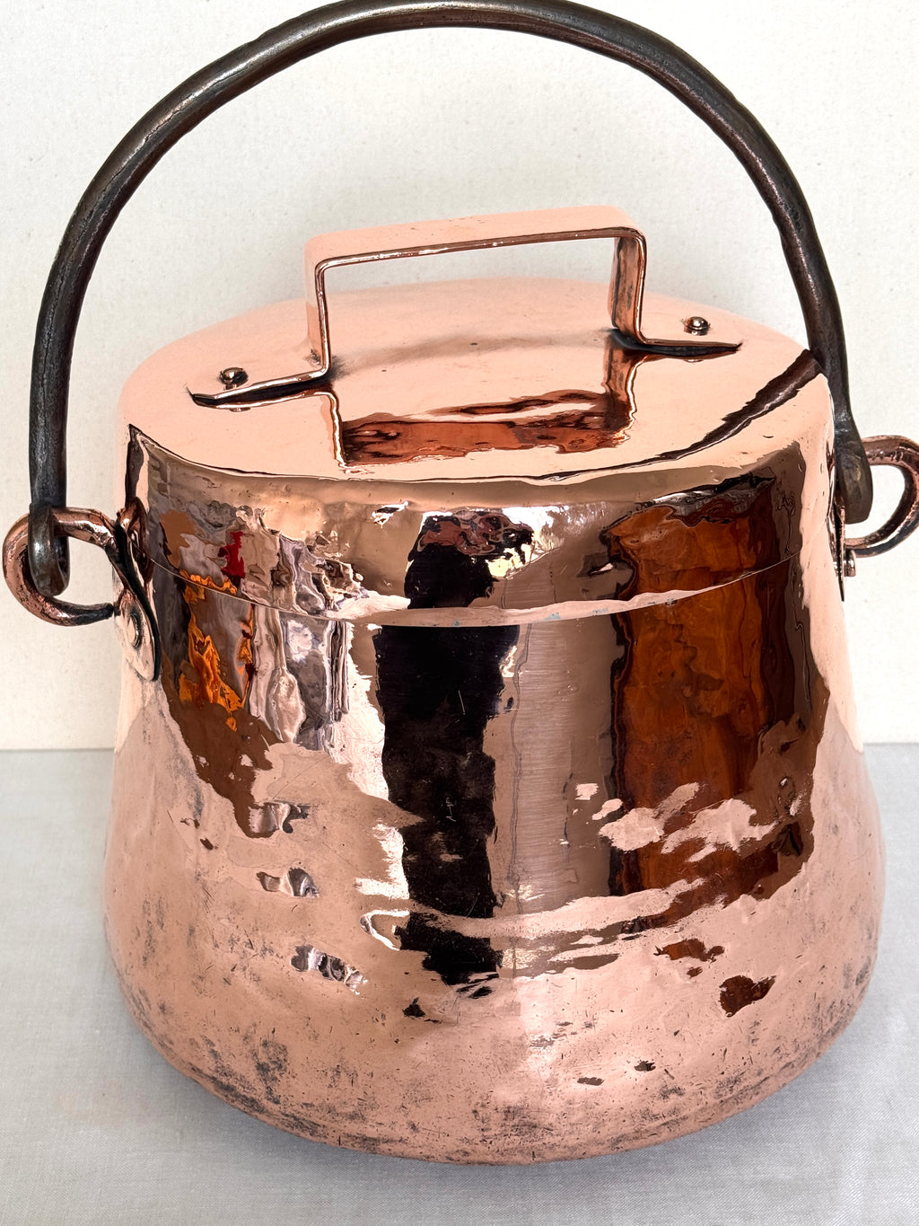 French 19th Century Copper Marmite with Original Lid & Forged Iron Bail Handle